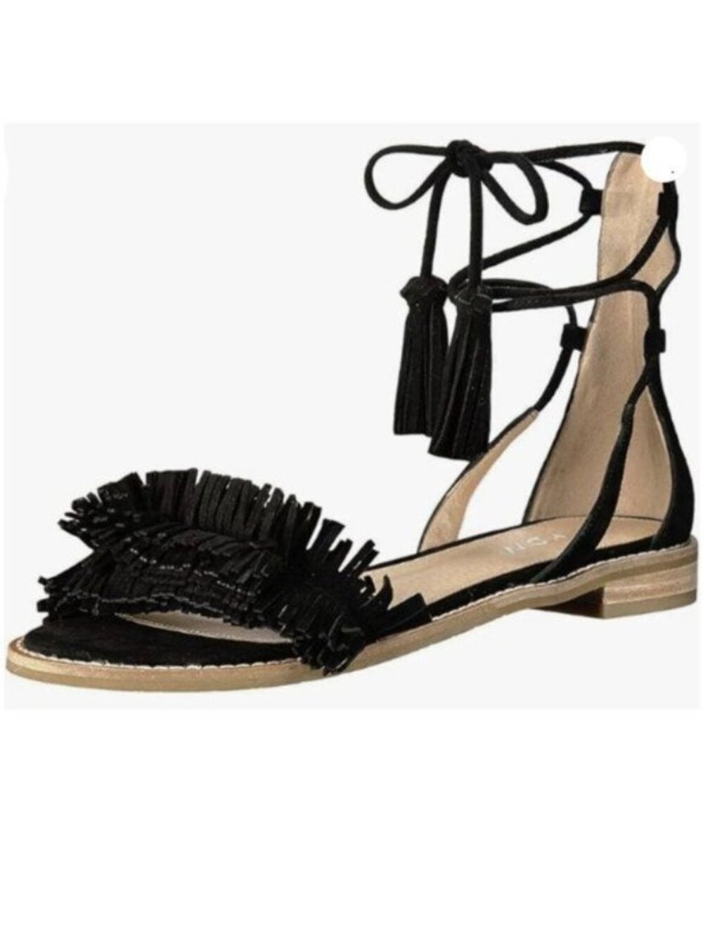 YDN Women's Stacked Low Heels Fringes Sandals Open Toe Flats Lace up Black